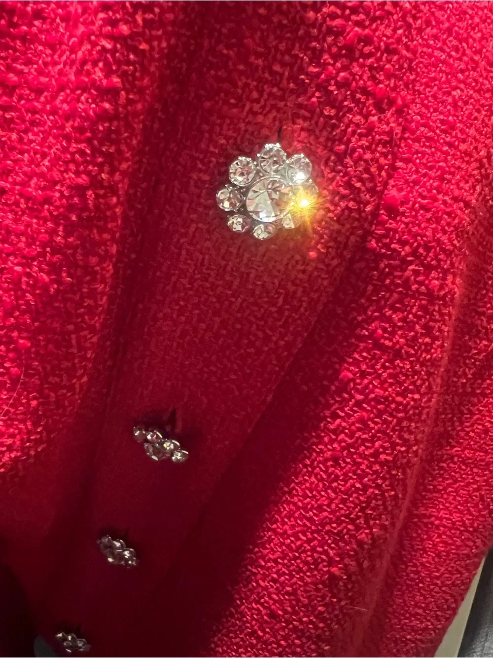 J.Crew Holiday Red Bouclé/Tweed-Texture Dress Crystal Jeweled floral buttons